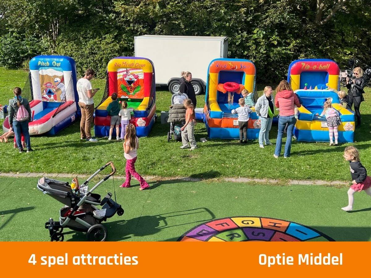 BSO sportdag met opblaasbare spellen Kinderen spelen met de spel attracties tijdens een sportdag voor BSO's