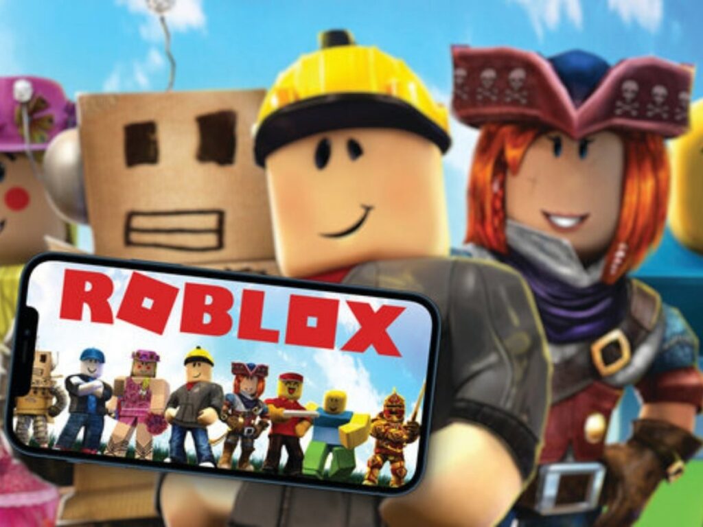 Roblox karakters met smartphone en Roblox game – kinderfeestje gaming thema
